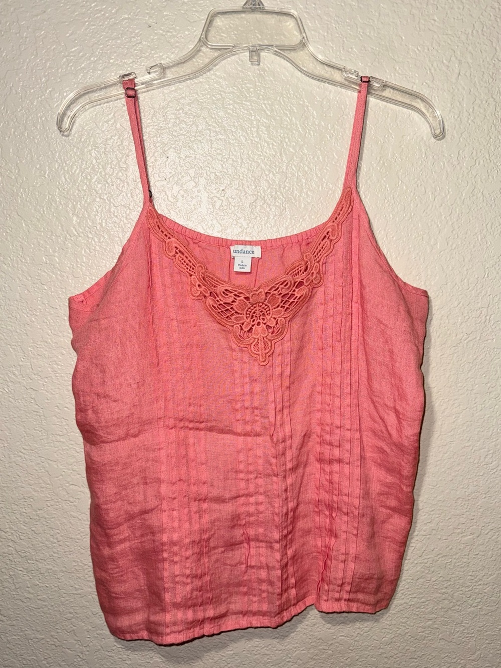 Sundance Large 100% Linen Lace Trim Cami Tank Top Coral Pink